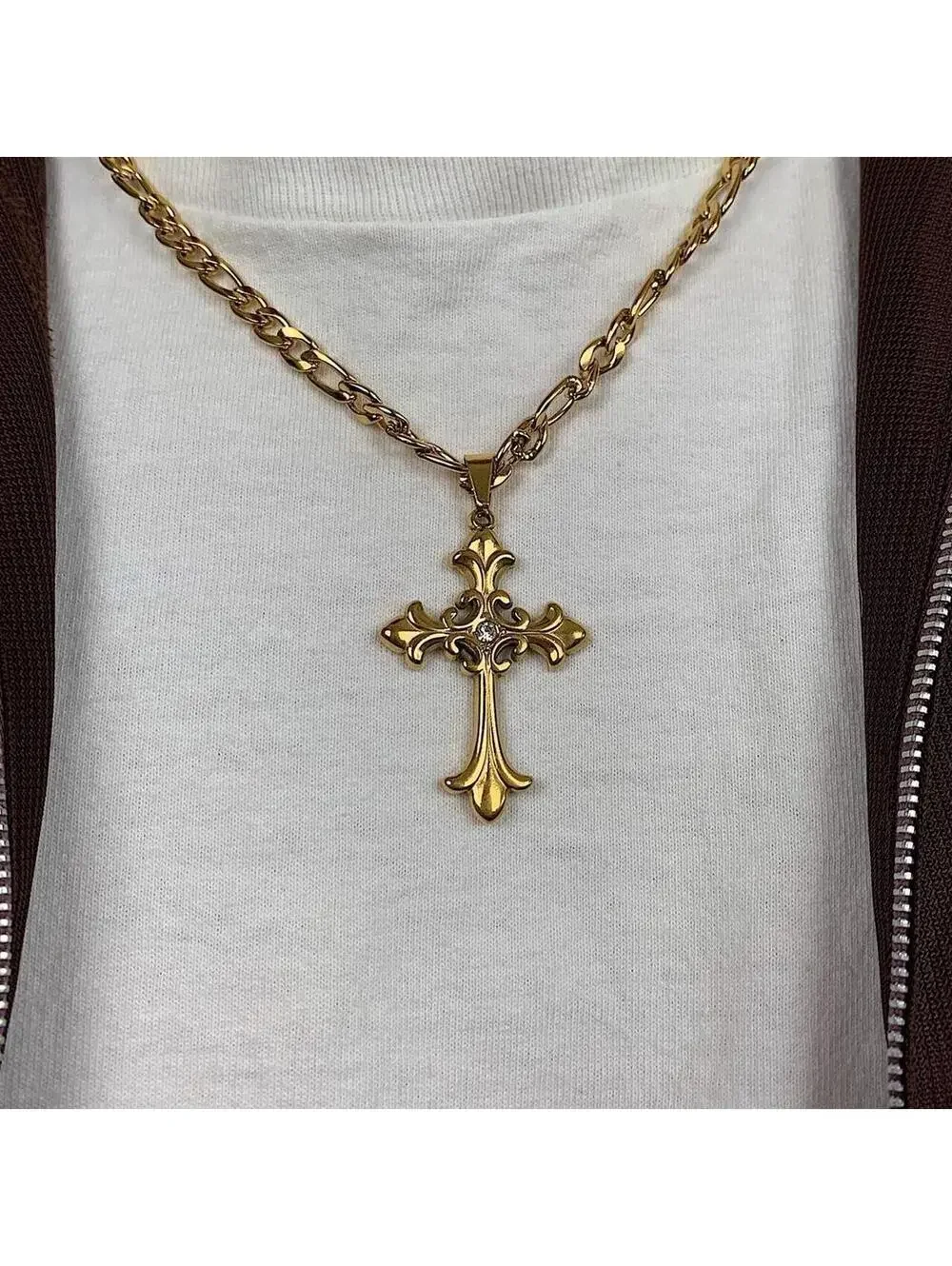 Y2k style Gold Figaro Big Gothic Rhinestone Cross Pendant Necklace. Stainless